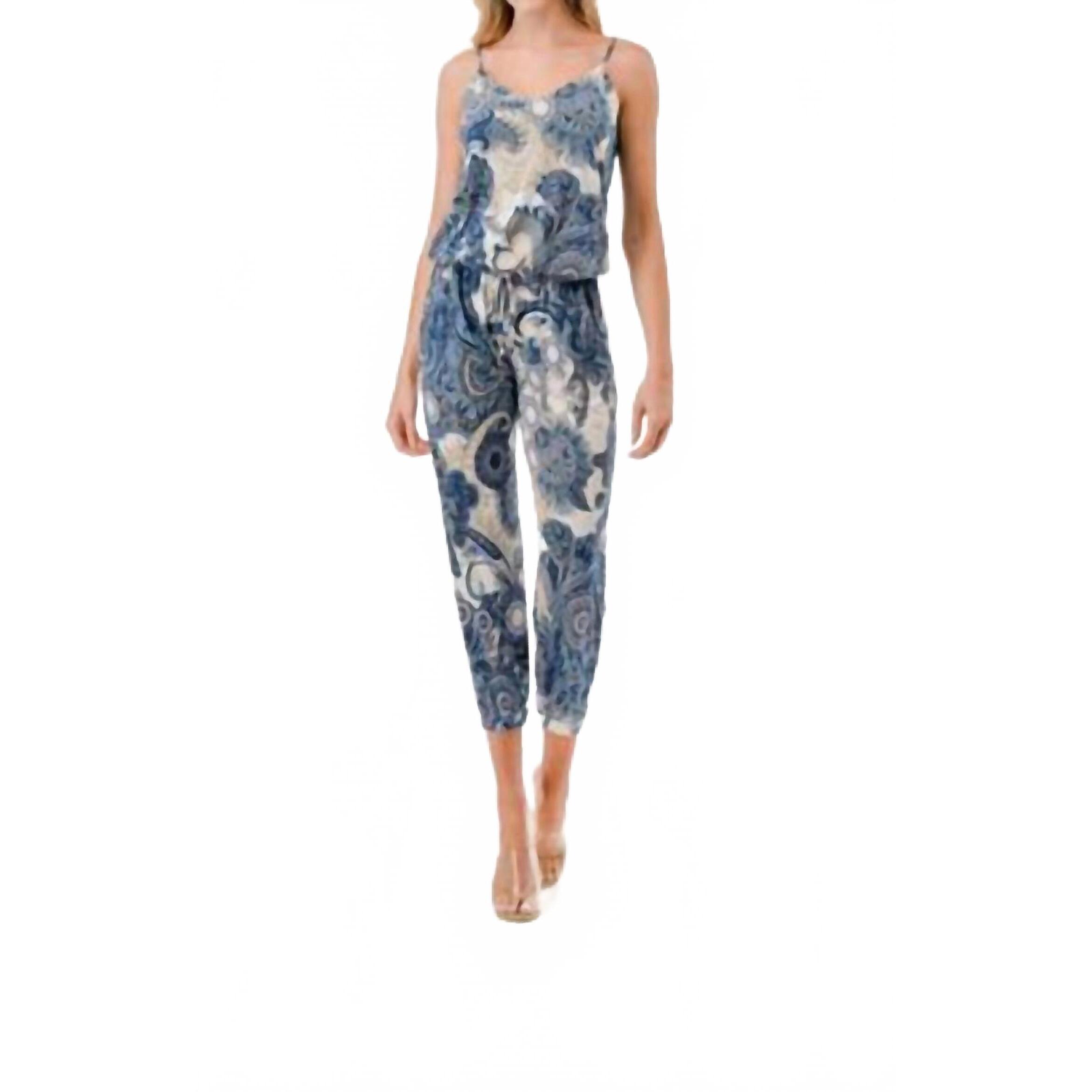 New Ariella Paisley Jumpsuit In White, Blue, Tan